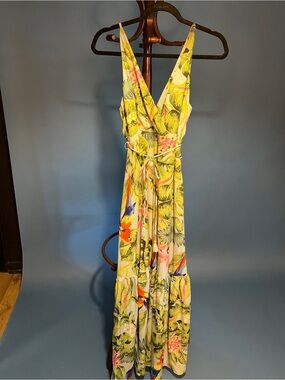 Aakaa Tropical Print Maxi Dress in Mint, Pink and Yellow